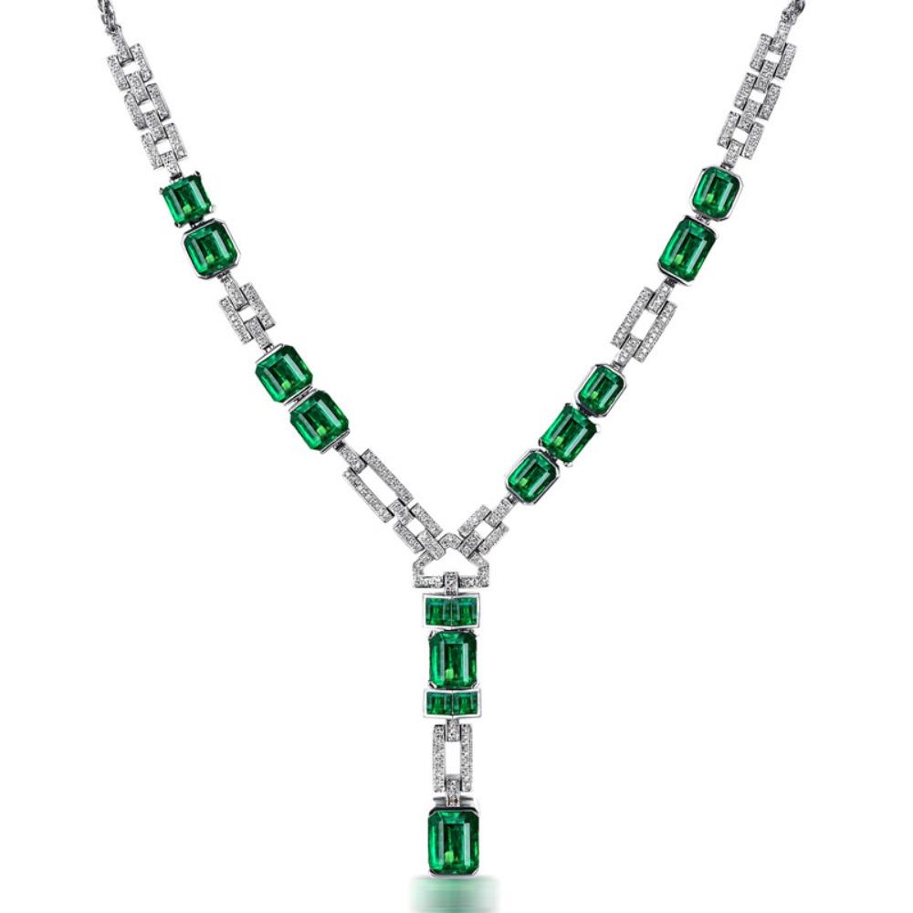 Luxury Simulated Emerald Necklace Set with Micro Paved Diamonds Elegant Women Fashion Jewelry