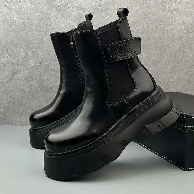 Botas Chelsea de Hombre de Otoño e Invierno Negras de Caña Media con Suela Gruesa y Plataforma, Botas de Cuero Avanzadas Cortas de Caña Alta