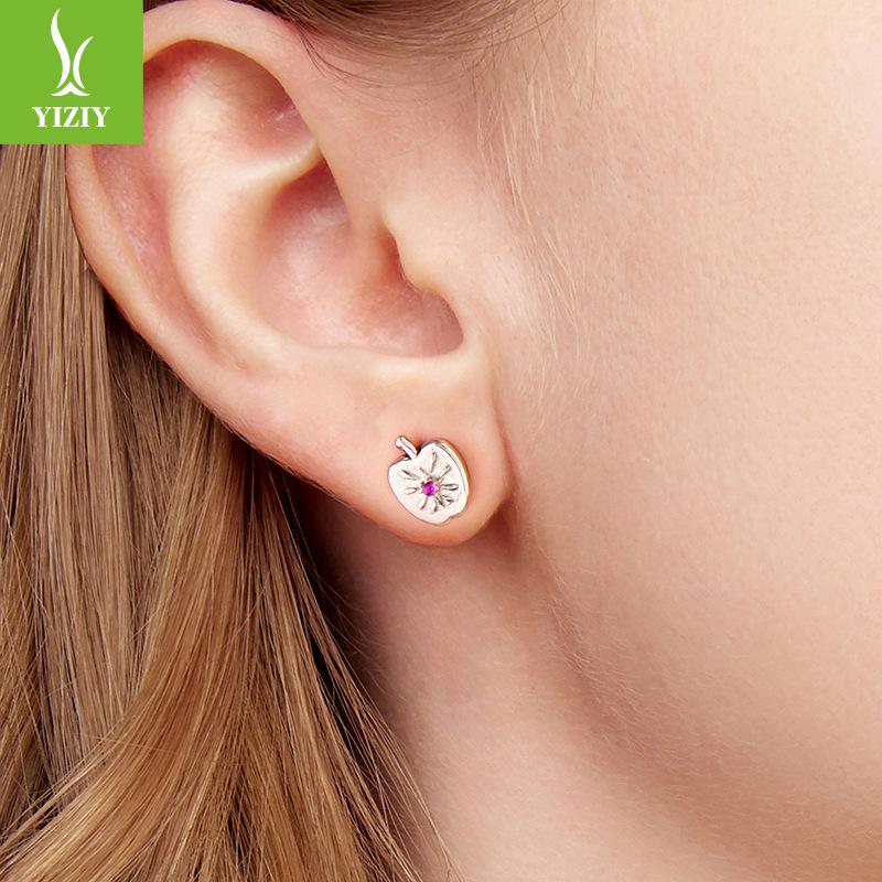 Yinziyun Asymmetrical Christmas Apple Earrings: S925 Sterling Silver Lucky Red Apple Studs