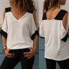 Large Sizes 5XL Summer Women's T-shirt Stitching Contrast Color Off-shoulder V-neck Short Sleeve T-shirt Tops