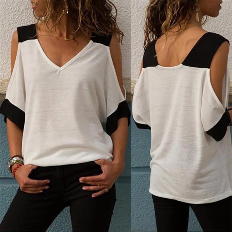 Large Sizes 5XL Summer Women's T-shirt Stitching Contrast Color Off-shoulder V-neck Short Sleeve T-shirt Tops