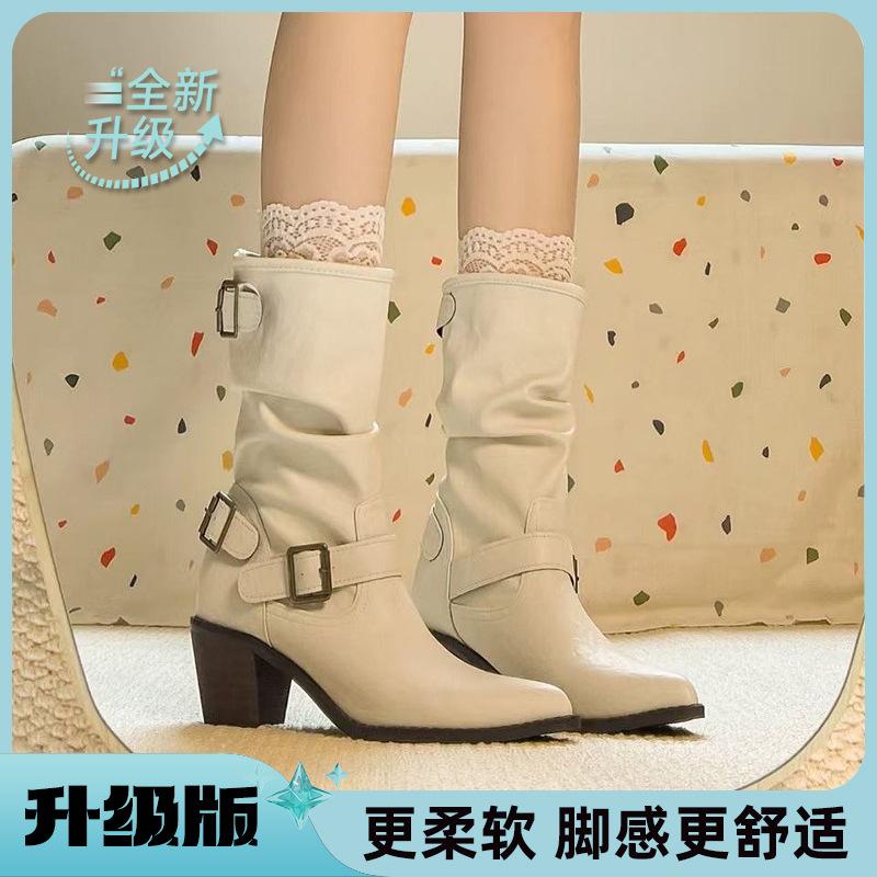 Pointed thick heel white short boots women's new British style belt buckle Martin boots temperament medium tube stack short boots