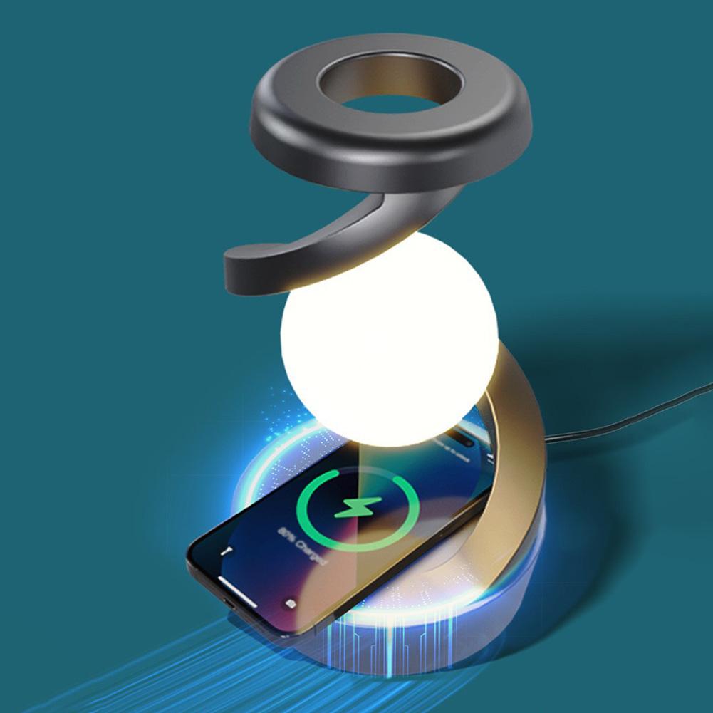 Creative Table 3D LED Lamp RGB Floating and Spinning  In Air Moon Table Lamp with Wireless Phone Charger for Office Bedroom Home