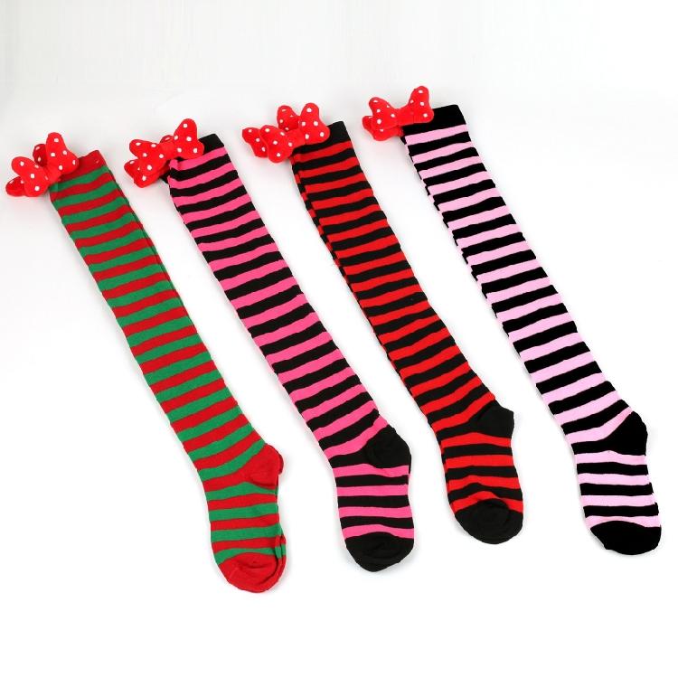 Holiday Lovely 3D Bowknot Striped Over Knee Thigh High Socks for Woman Clothing
