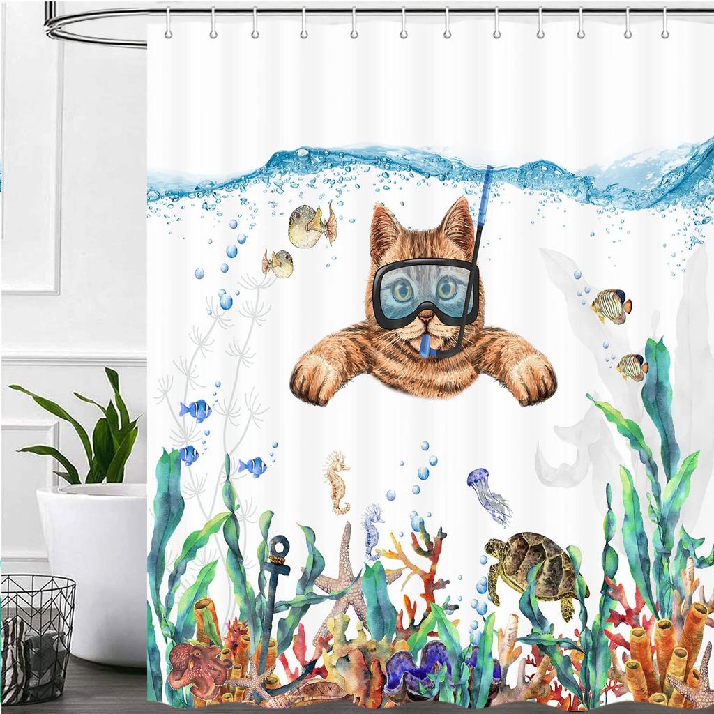 Funny Cat Whale Shower Curtain, Red Kraken Octopus Japanese Ocean Wave with Chinese Auspicious Clouds Shower Curtain with Hooks
