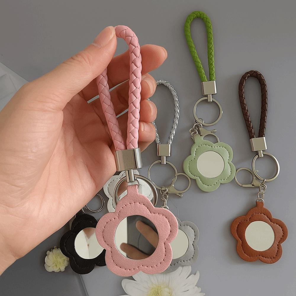3Pcs PU Floral Keychain Mini Mirror Keychain Makeup Bag Pendant  for Women Bags