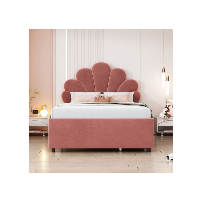 Lit d'enfant - MUVOE - 90 x 200 cm - Tête de lit florale - 2 tiroirs de rangement - Velours rose