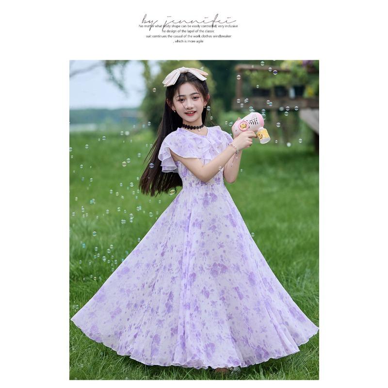 Mädchen Sommerkleid mit Blumenprint, Prinzessinnenstil, kurzärmelig, A-Linie, für größere Kinder