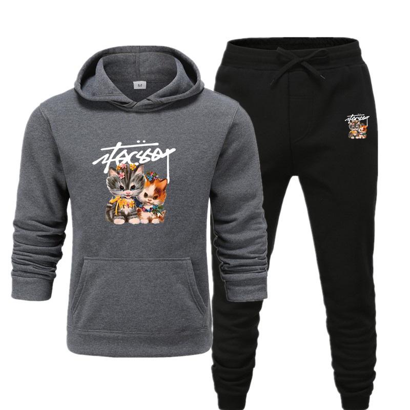 Men's and Women's New Autumn and Winter Plus-size CARTOON CAT Printed Hooded Sportswear Casual Sportswear Set