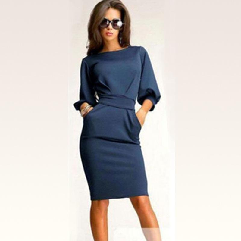Elegant Women Fashion Sexy Fifth Sleeve Round Neck Pocket Bodycon Cocktail Dress
