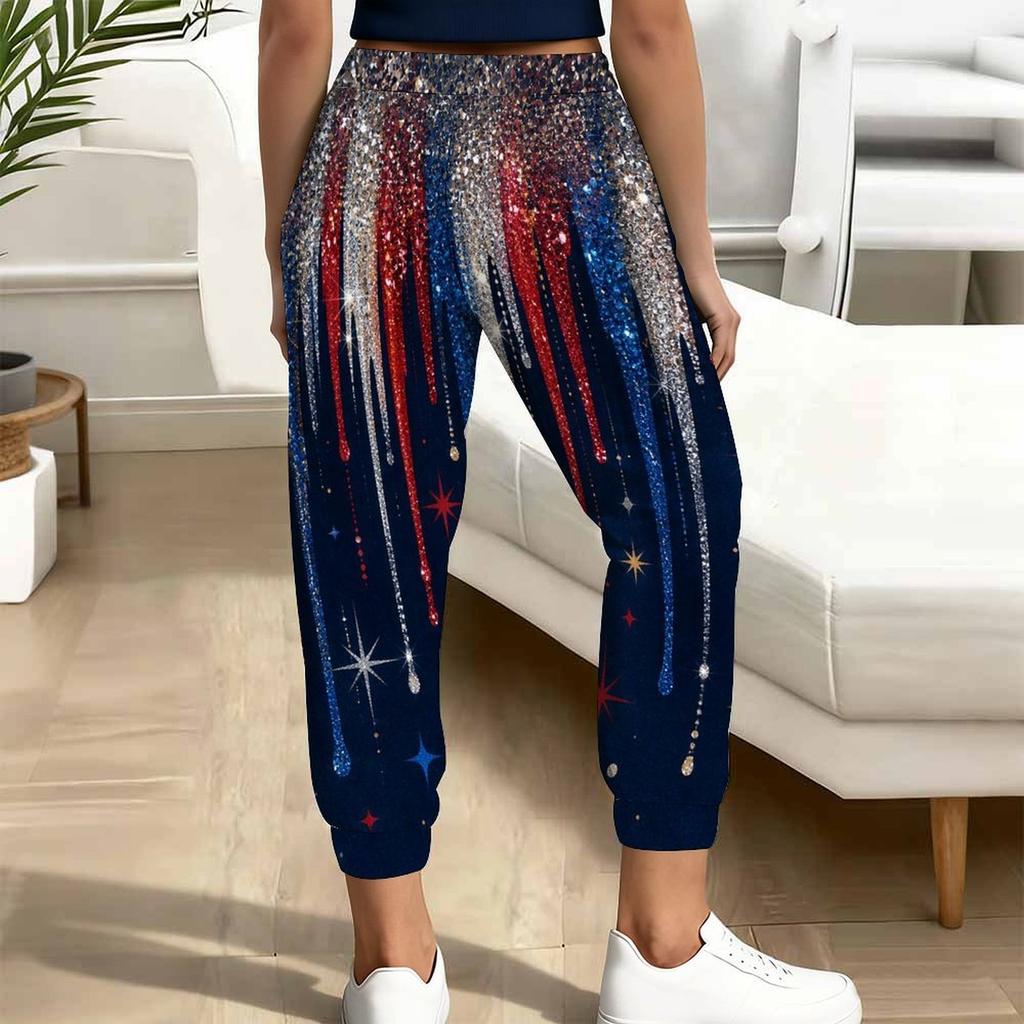 Women Plus Size American Flag Printed Jogger Pants Drawstring Waist Side Pockets Cuffed Ankle