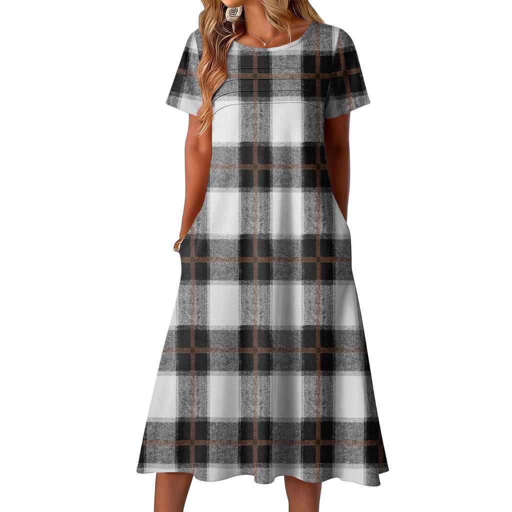 Ladies' Plaid Printed Casual And Fashionable Short Sleeved Round Neck Dress