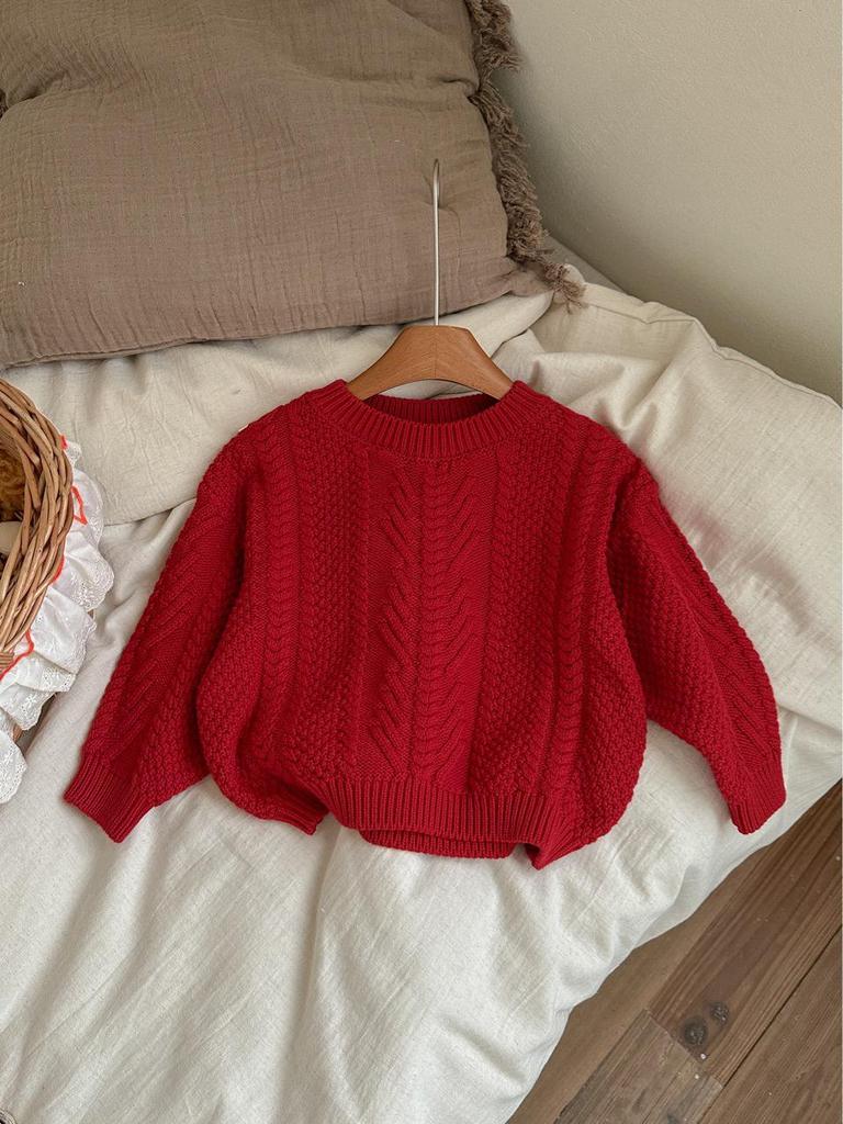 Kinder Roter Retro Zopfstrickpullover - Jungen & Mädchen Lockerer Rundhals-Pullover für Herbst/Winter, Weihnachten & Neujahr