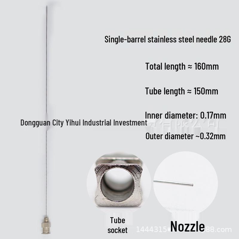 Stainless Steel Dispensing Syringe: 160mm Total Length, 150mm Tube, Pointed Tip, Flat Opening