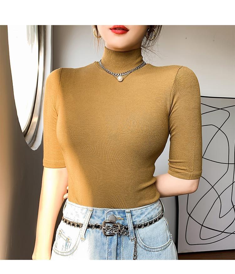 Elastic Slim Cotton Turtleneck T Shirts For Women Casual Short Sleeve Tee