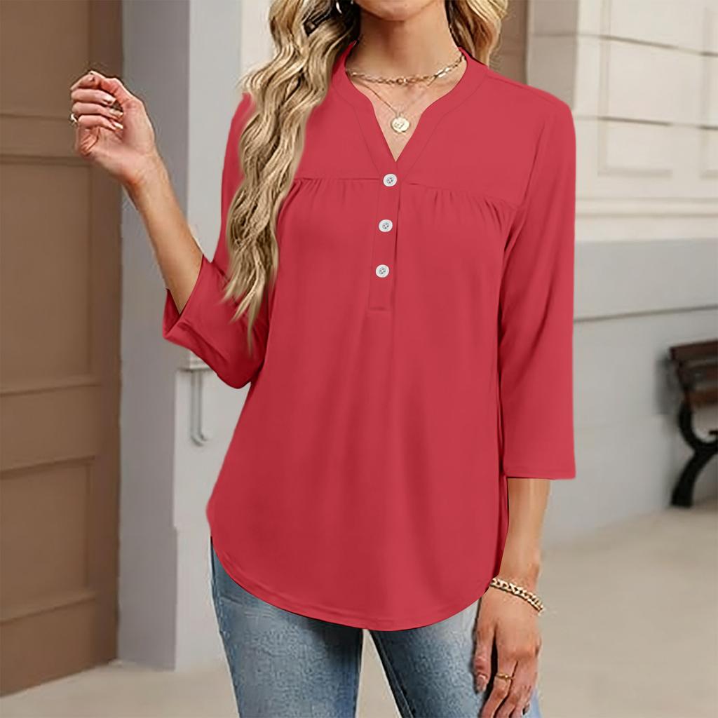 Women's Fashionable Casual Color V-Neck Decorative Button Three-Quarter Sleeve T-Shirt Top