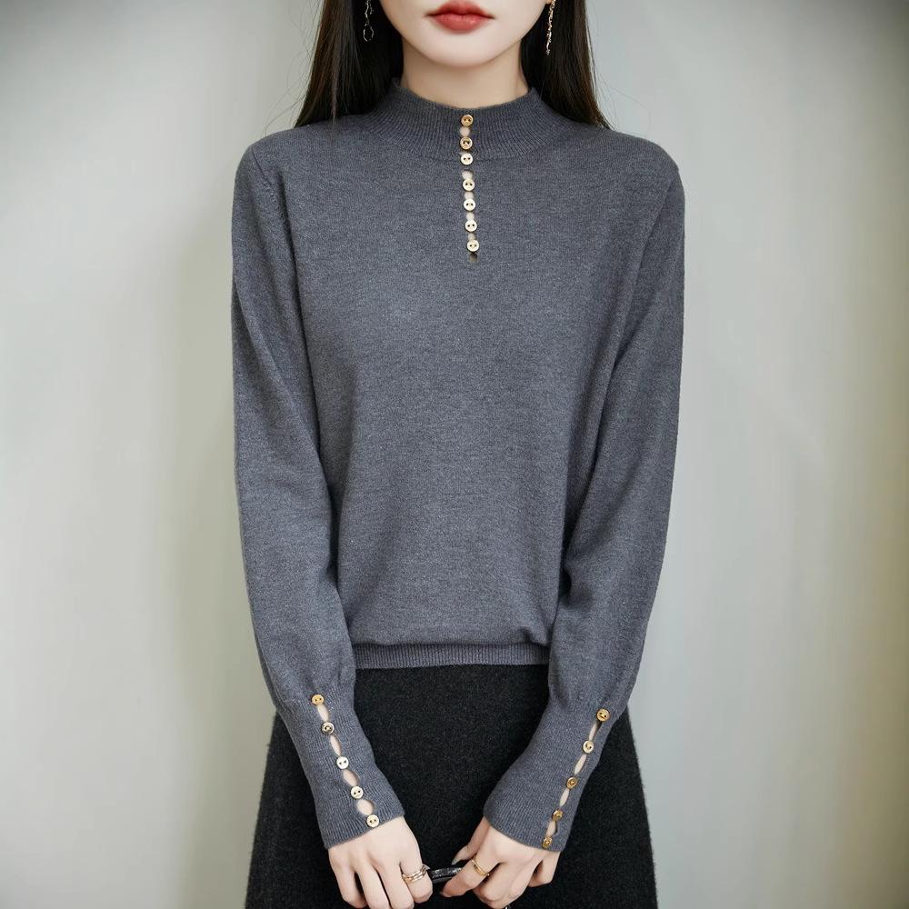 A Fashionable Semi-high Neck, Versatile Design Base Layer, Solid Color Loose and Warm Knitted Sweater for Women