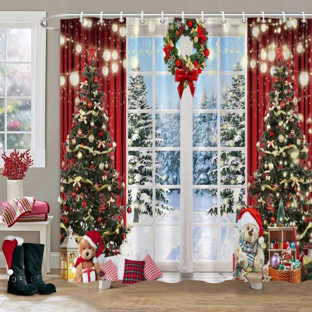Weihnachtsparty Duschvorhänge Kamin Weihnachtsbaum und Geschenke Schneemann Schneeszene Waschbarer Duschvorhang Kunst Badezimmer Dec