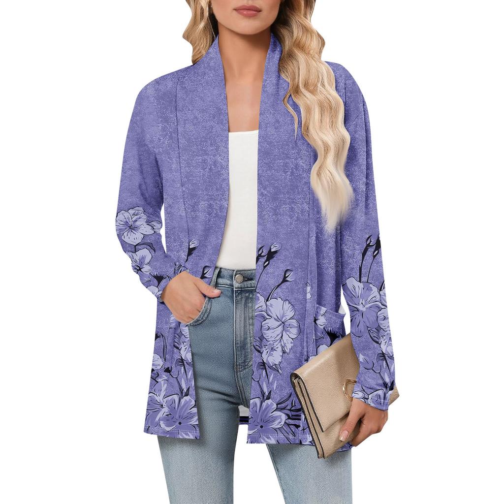Women's Long Sleeve Cardigan V Neck Fashion Printed Shirt Lightweight  Casual Loose Thin Cardigans With Pockets