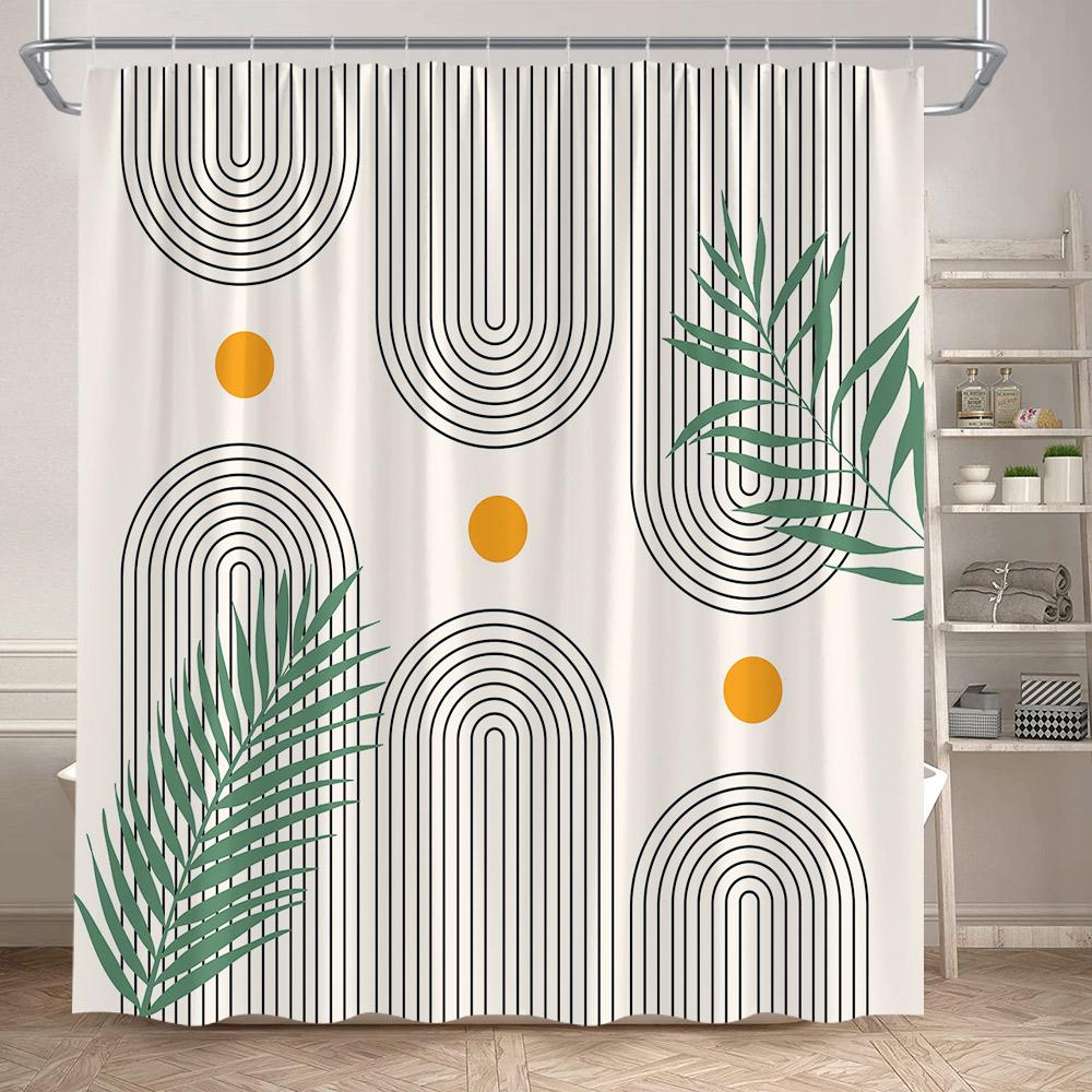 Abstract Mid Century Shower Curtains Green Leaf Modern Geometric Black Lines Aesthetic Art Bathroom Curtain Decor Set With Hooks