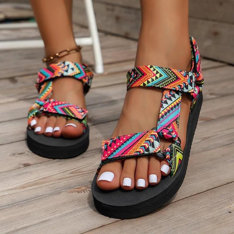 Fashion Plus Size 2025 Summer New Women's Open Toe Sandals Round Toe Mixed Colors Flat with Sandals Outdoor Daily Casual Rome Shoes