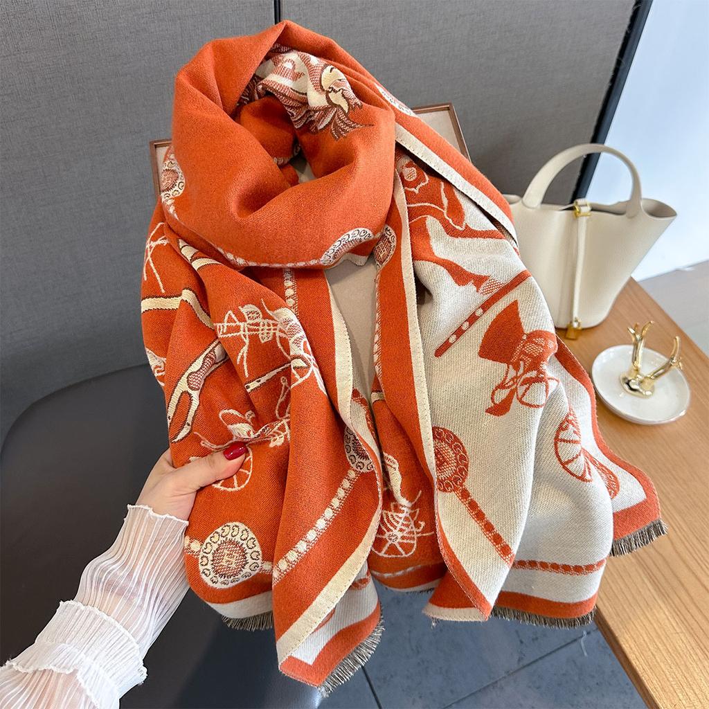 Autumn Winter Pashmina Elegant Horse Print Shawl Wrap Women Luxury Cashmere Scarf Femme Thick Warm Blanket Stoles Long Blanket