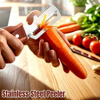 Pelapatate in Acciaio Inossidabile 3 in 1 con Manico in Legno Strumento da Cucina Versatile per Pelare Affettare per Frutta Verdura Pelare