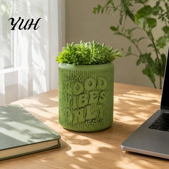 3D Embossed Plastic Plant Container Printed Planter, Small Good Vibes Only Flower Pot, Lightweight Planters for Home Cute Cactus Desktop Office Decor