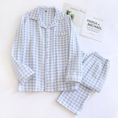 New Spring Couple Pajamas Set 100% Cotton Long-sleeved Trousers Two-piece Plaid Men's and Women's Home Clothes