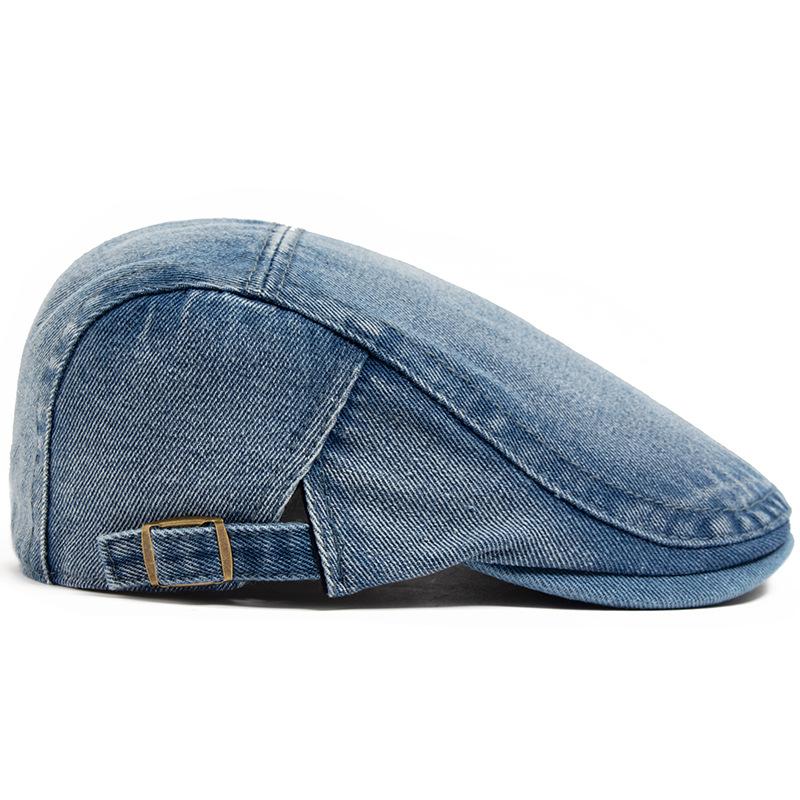 Spring/Autumn Plain Washed Denim Cap for Men - Vintage Versatile Forward-Flap Design Women's Sun-Shielding Casual Beret - Adjustable Trendy Style