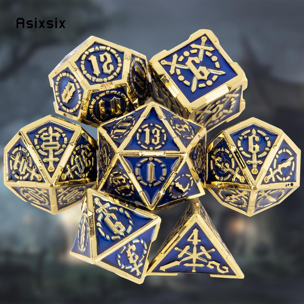 7 Pcs Golden Blue Double Swords Metal Dice Solid Polyhedral Dice Set Suitable for Role-Playing RPG Pathfinder Board Game