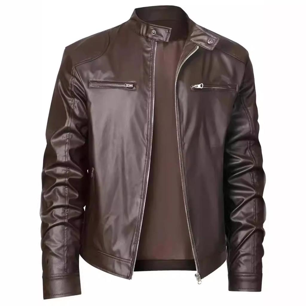 New Men's Stand-Up Collar Slim Leather Jacket Zipper Pocket Decorative Leather Jacket Motorcycle Clothing Men's Jacket