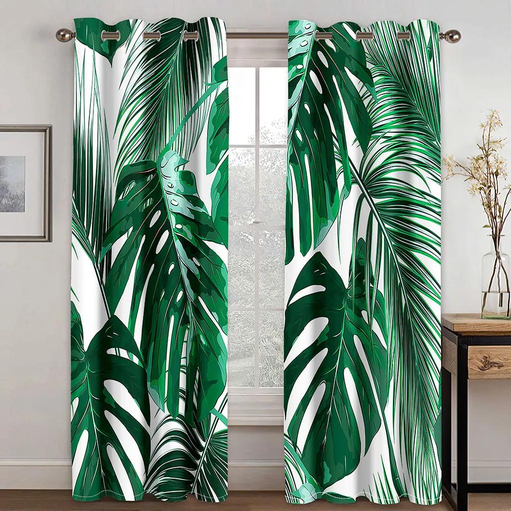 Custom European Elegant Green Leaves Curtains Luxury Curtains Tropical Leaves Pattern Window Curtains for Bedroom Living Room