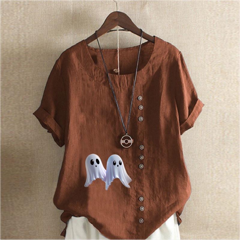 Women's Fashion Ghost Prined Short Sleeve T-shirt Loose Cotton Shirt Casual Loose Summer Blouse Tops