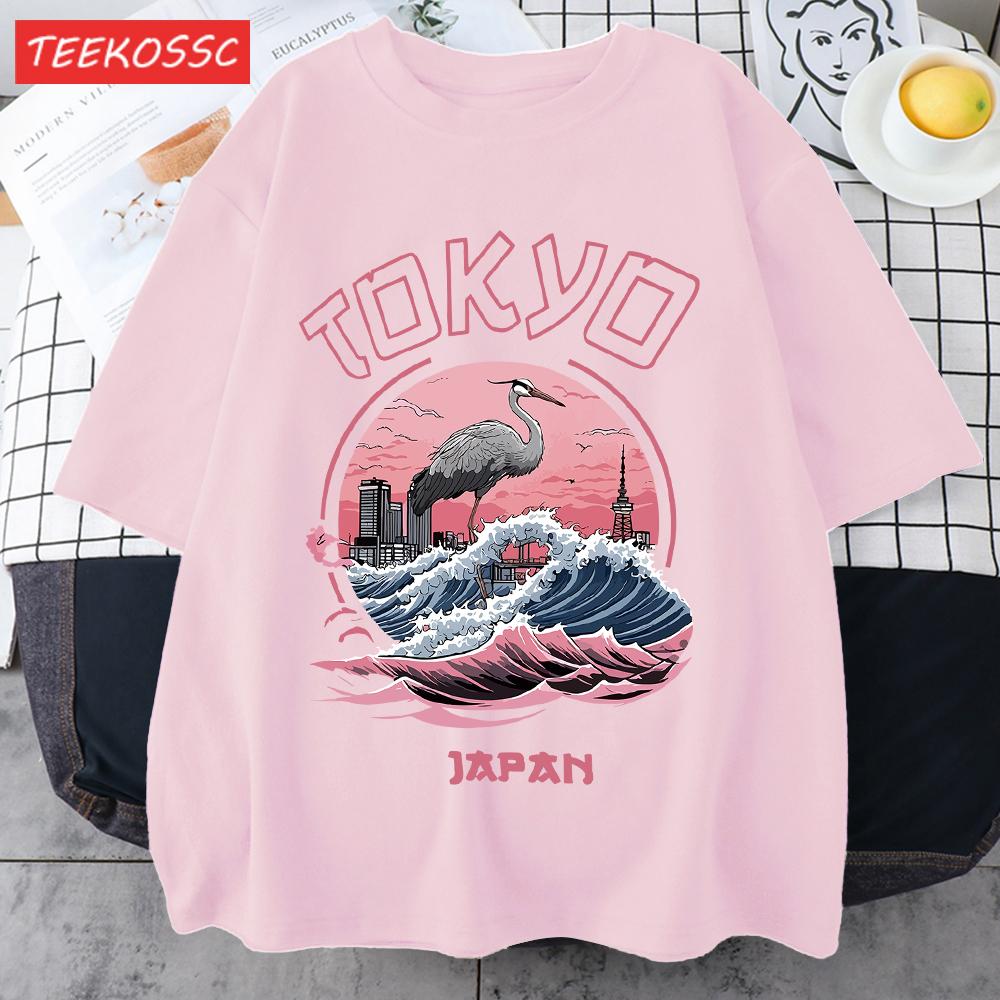 Tokyo Japan Harajuku Crane Waves Men TShirt AllMatch Casual Short Sleeve Cotton Summer Tee Male Hip Hop ONeck Streetwear