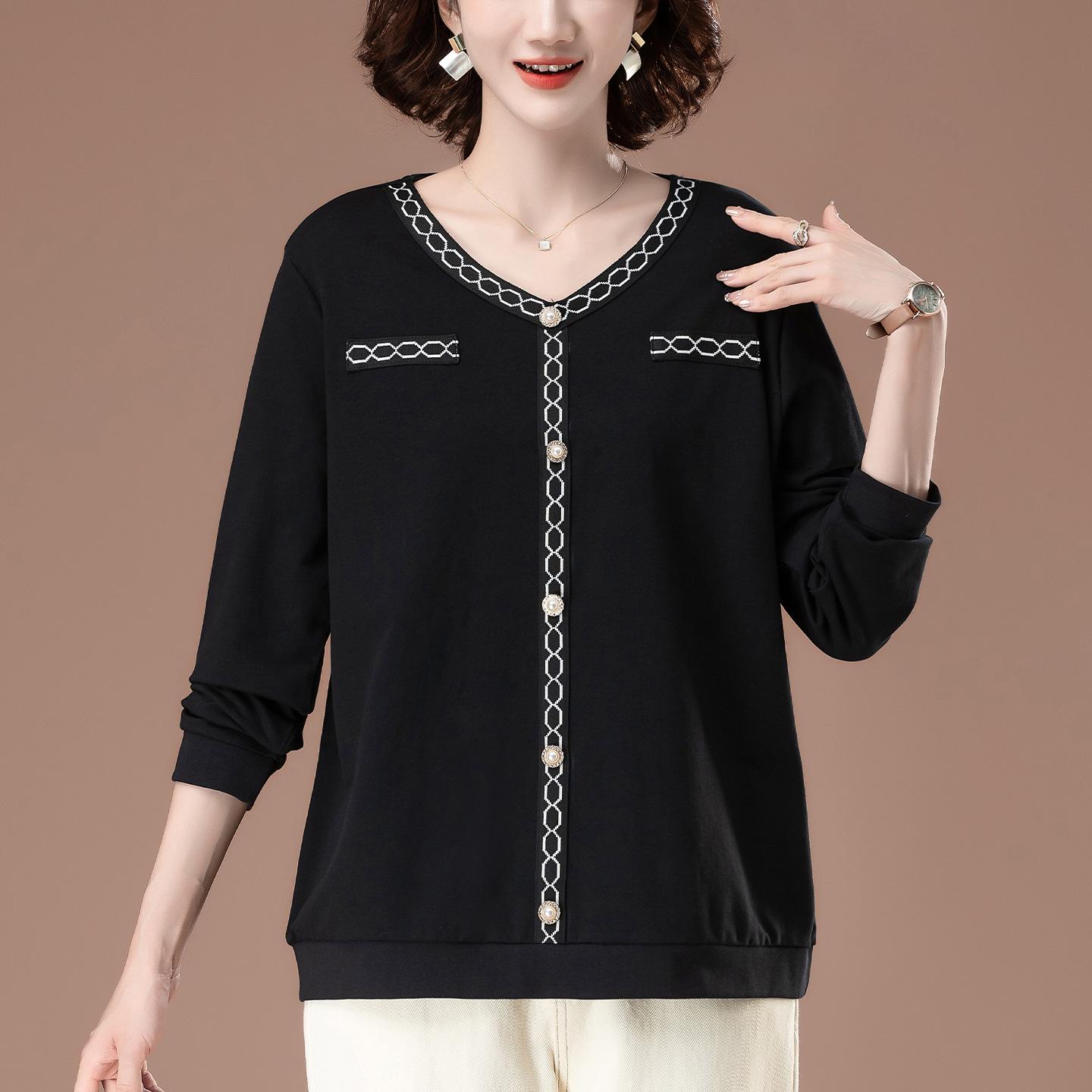 

Женская футболка с длинным рукавом из чистого хлопка больших размеров для весны и осени - Приталенная, модная, свободного кроя для мам среднего возраста XXL чёрный