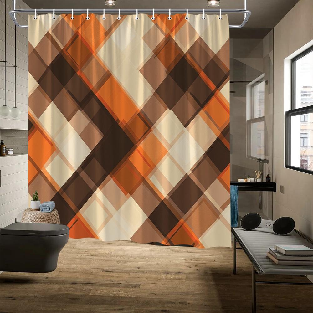 Modern Plaid Shower Curtain - Geometric Abstract Pattern In Orange, Brown, Beige & White, Fashionable Bath Decor
