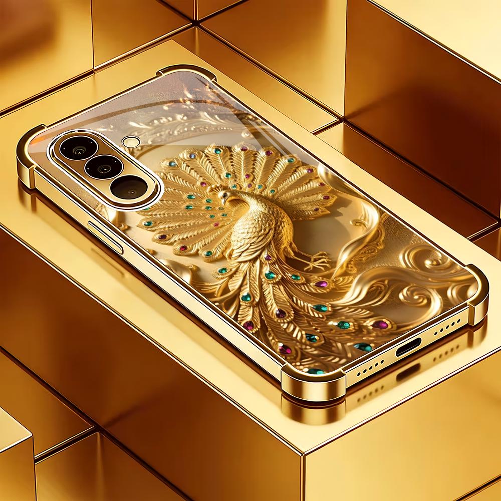 Golden Peacock Plated Glass Phone Case Suitable for Samsung Galaxy S26 S25 S24 S23 S22 S20 FE/Ultra/Plus Anti Drop Rear Cover