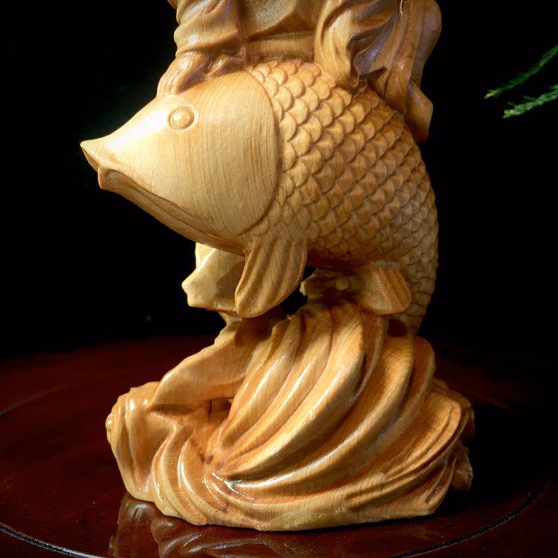 Wooden Carp Maitreya Buddha Decorative Statue ,Creative Solid Wood Art Hand Carving Home Room, Office Fortune Gathering Statue