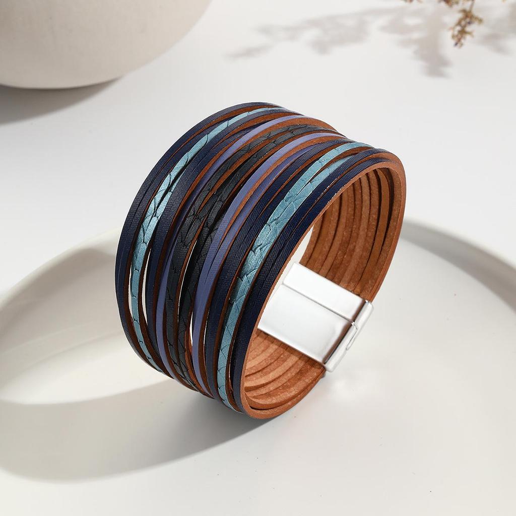 Gradient Multi-Strand Men's and Women's Bracelet with PU Leather Cord and Magnetic Clasp.