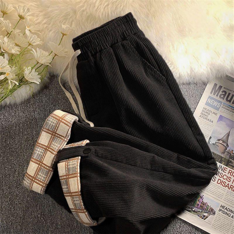 Winter Corduroy Plush Velvet Lined Ankle-length Pantalons Women Casual Big Size Straight Pants Baggy Thicken Warm Trouser