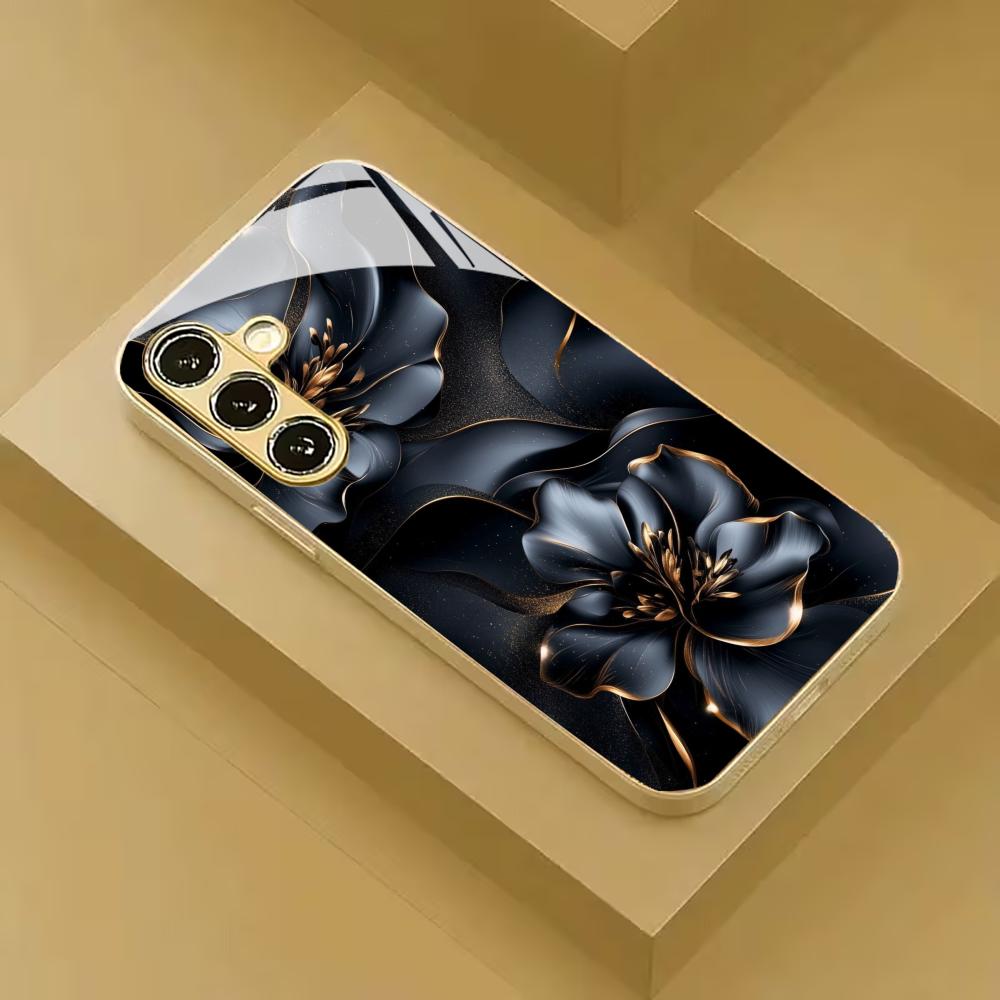 Schwarze Blumen Handyhülle Glas-Handyhülle für Samsung Galaxy S26 22 23 24 25 PLUS S21 22 23 24 25 ULTRA