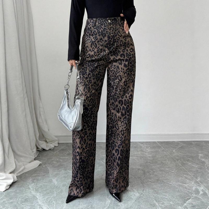 Pantaloni Larghi a Vita Alta con Stampa Leopardo da Donna Primavera 2026, Nuovi Pantaloni Casual Dritti Larghi