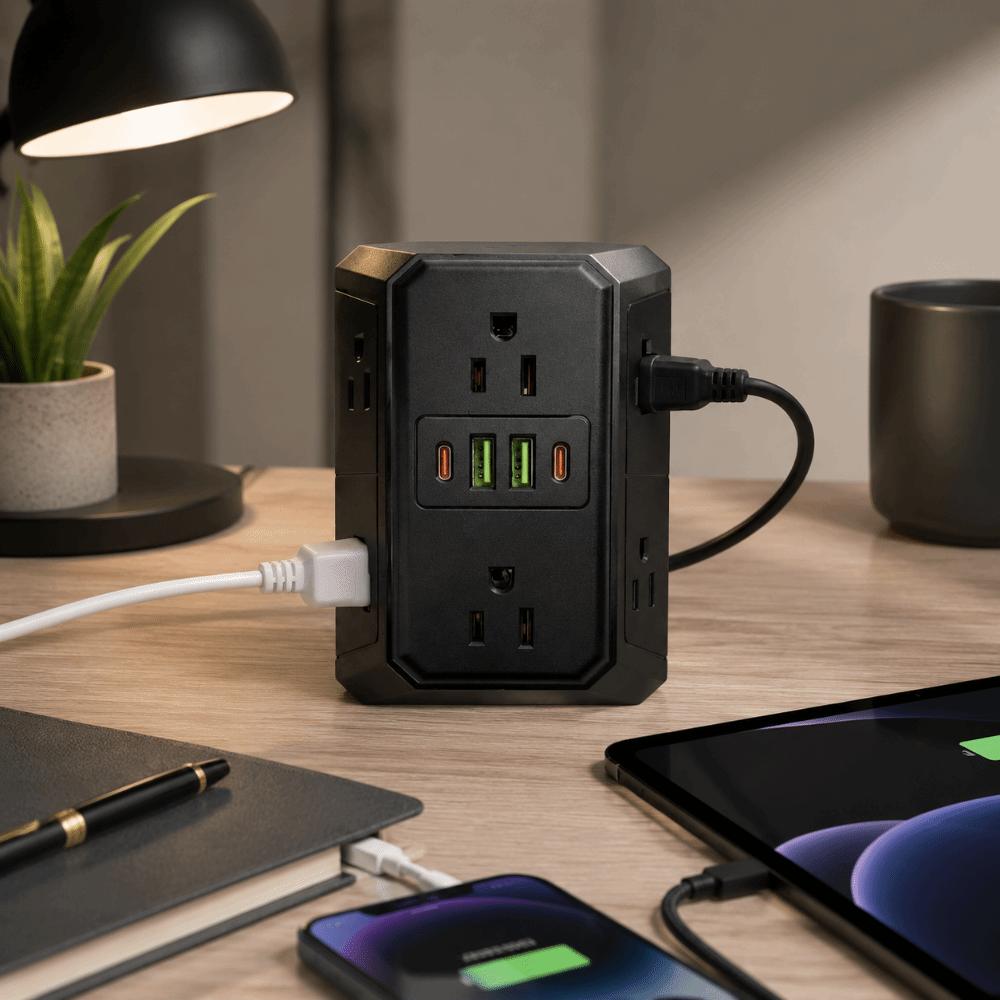 Multiple USB Ports Wall Mounted Power Socket US Plug Six Outlet Power Splitter for US Office Use