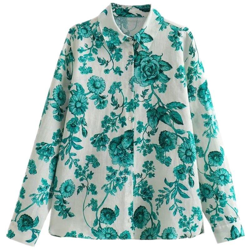 

Fashion Style Autumn New Arrival Hem Side Slit Long Sleeves Lapel Flower Print Shirt Female 8319466 069 Green L
