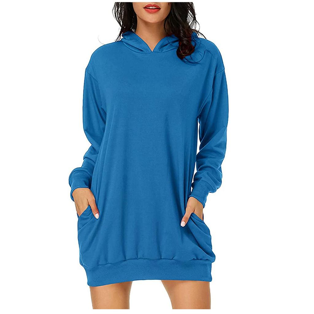 Women's Long-sleeved Pocket Pullover Hoodie Dress Waist Sweatshirt Solid Tops