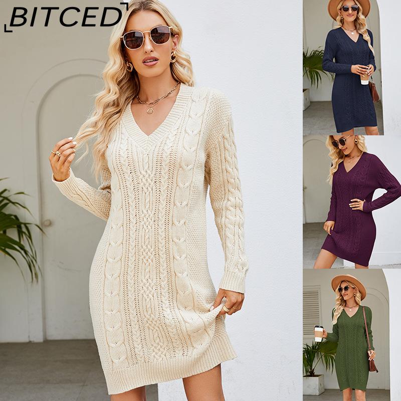 BITCED Dámské jednobarevné pletené šaty s výstřihem do V, dlouhé, z vlněné směsi, podzimní/zimní módní elegance, základní vrstva s copánkovým vzorem