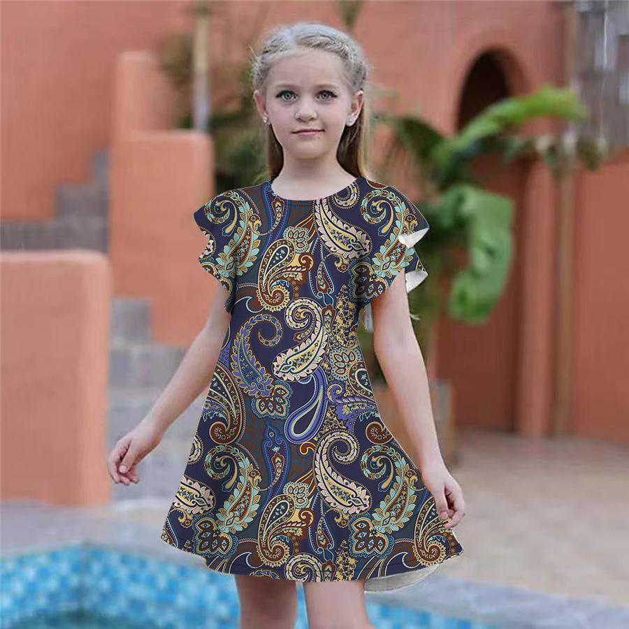 Girls Golden Cashews Print Dresses Kids Girl Party Dress Loose Fitting Loose Fitting Short Sleeved Skirt For Girls Over Four Years Old