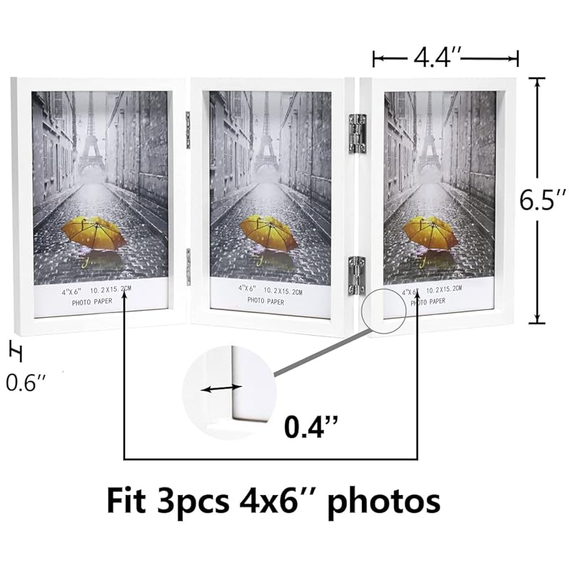 3 Picture Frame 4x6 Triple Hinged MDF Wood with Glass Front Three Opening Photo Frame Stand Vertical on Tabletop, White 4x6 белый