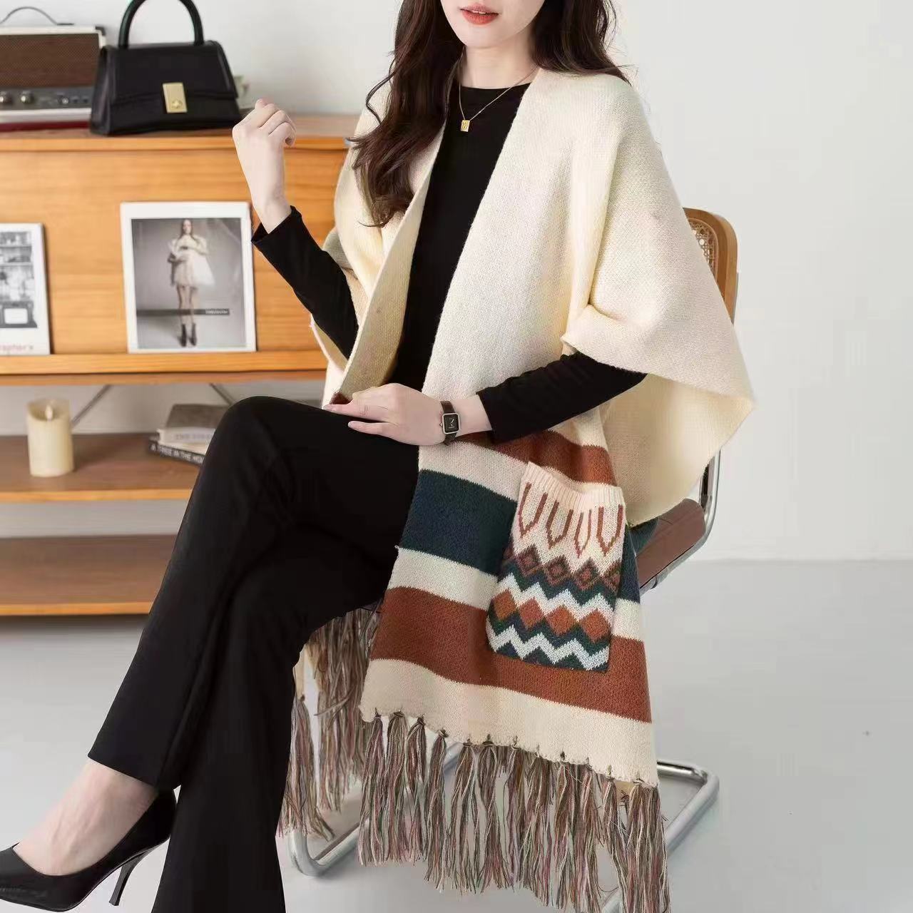 Этническая шаль Универсальный вязаный кардиган с карманами Шаль с бахромой Накидка Шарф Накидка One Size